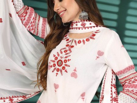 Sangria White Ethnic Motifs Embroidered Notch Neck Cotton Kurta With Trouser & Dupatta For Cheap