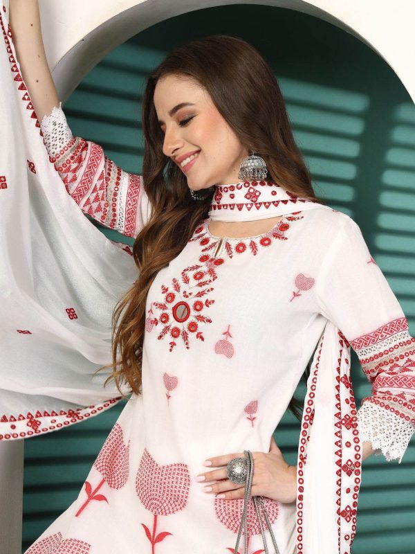 Sangria White Ethnic Motifs Embroidered Notch Neck Cotton Kurta With Trouser & Dupatta For Cheap