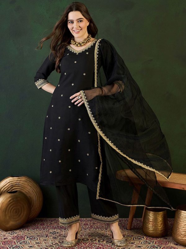 Sangria Zari Sequence Embroidered Straight Kurta & Trousers With Dupatta For Cheap