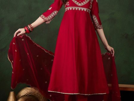 Sangria Round Neck Floral Zari Embroidered Straight Kurta with Trouser and Dupatta Online Hot Sale