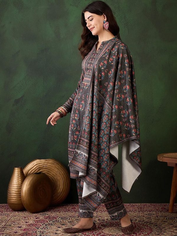 Sangria Self Design Winter Pashmina Straight Kurta & Trouser With Dupatta Sale