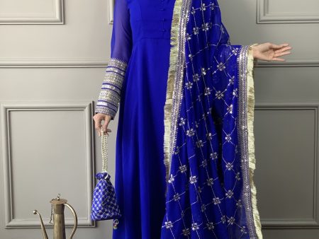 Sonakshi Women s Blue Faux Georgette Embroidered Kurta Set with Dupatta For Sale