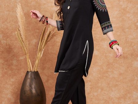 Sangria Black Ethnic Motifs Embroidered Pathani Kurta With Salwar on Sale