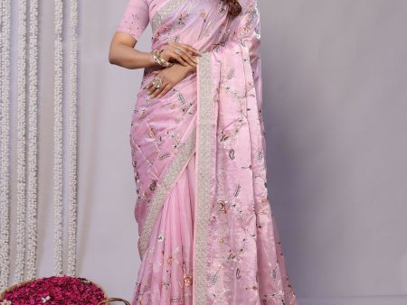 Pink Satin Silk Embroidered Saree With Stitched Blouse - Nimaya Kaksha Discount