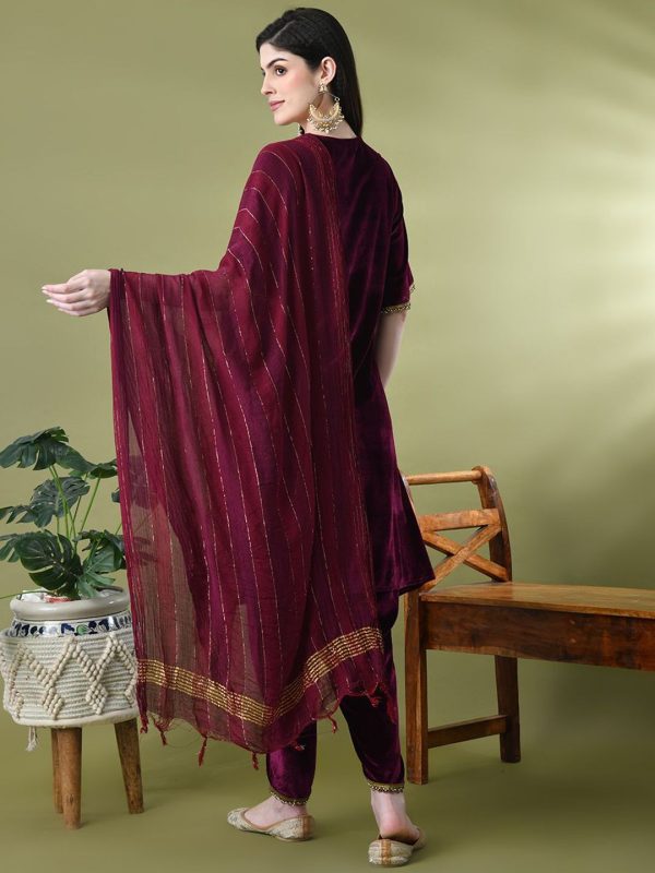 Sangria Yoke Design Velvet Kurta & Dhoti Pants With Dupatta For Sale