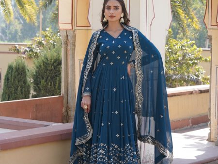 Sonakshi Women s Rama Faux Georgette Sequins Zari Embroidered Anarkali Dress with Dupatta For Sale