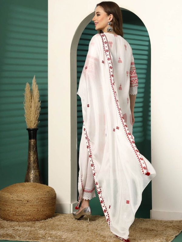 Sangria White Ethnic Motifs Embroidered Notch Neck Cotton Kurta With Trouser & Dupatta For Cheap