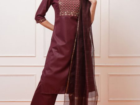 Vishudh Burgundy Ethnic Motifs Yoke Design Thread Work Kurta with Palazzo & Dupatta Hot on Sale