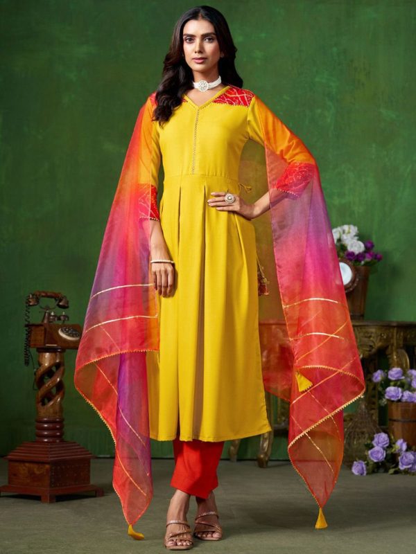 Sangria Yellow V-Neck Three-Quarter Sleeves Regular Gotta Patti Anarkali Kurta & Dupatta Supply