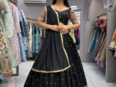 Malishka Export Black Roman Silk With Embroidery Zari Lehenga Choli Set - Black on Sale