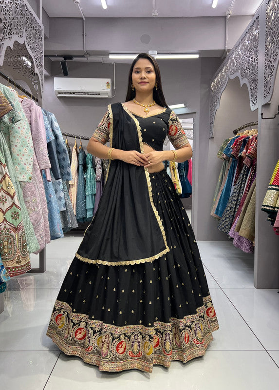 Malishka Export Black Roman Silk With Embroidery Zari Lehenga Choli Set - Black on Sale