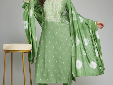 Sonakshi Women s Green Viscose Chanderi Embroidered Kurta Set with Dupatta Sale