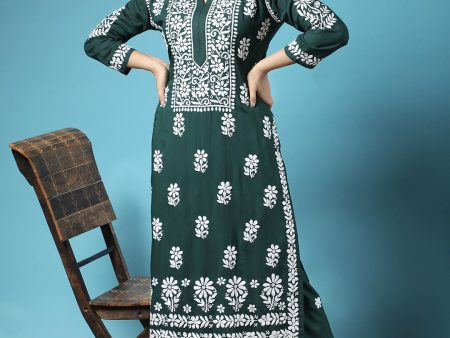 HOUSE OF KARI Women Green Floral Embroidered Chikankari Kurta with Palazzos Cheap