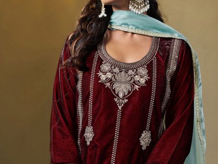 Sangria Floral Embroidered Round Neck Straight Velvet Kurta With Trousers & Dupatta Cheap