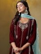 Sangria Floral Embroidered Round Neck Straight Velvet Kurta With Trousers & Dupatta Cheap