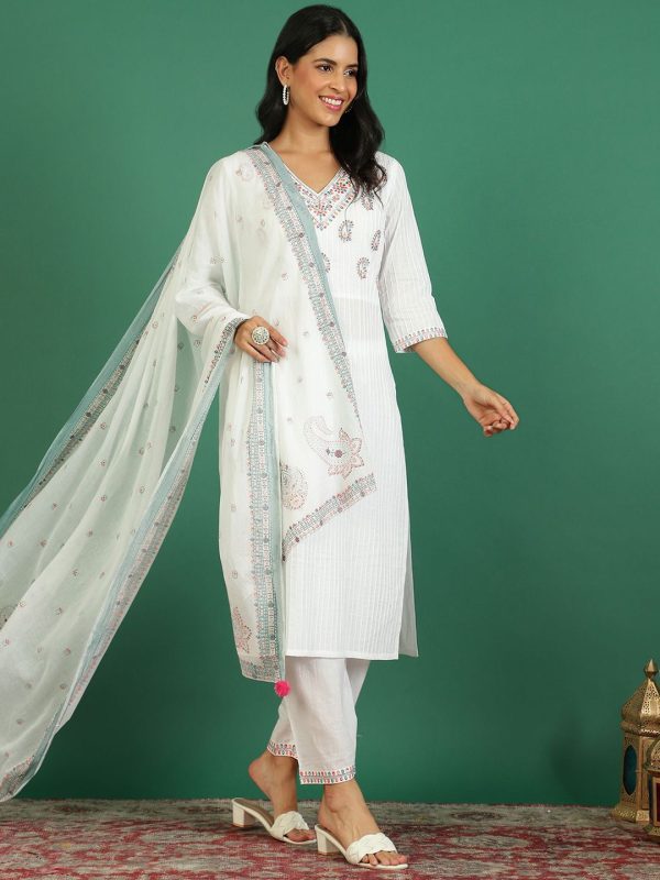 Sangria Printed Pure Cotton V- Neck Kurta & Trousers With Dupatta Cheap