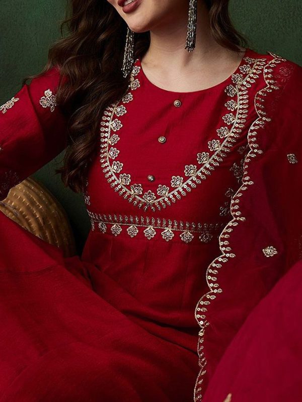 Sangria Round Neck Floral Zari Embroidered Straight Kurta with Trouser and Dupatta Online Hot Sale