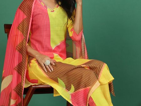 Sangria Printed V- Neck Kurta & Trousers With Dupatta For Sale