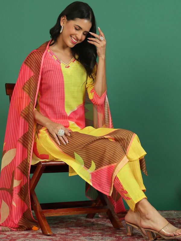 Sangria Printed V- Neck Kurta & Trousers With Dupatta For Sale