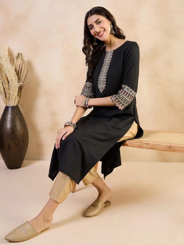 Anouk Abstract Printed Thread Work Cotton A-Line Kurta For Cheap