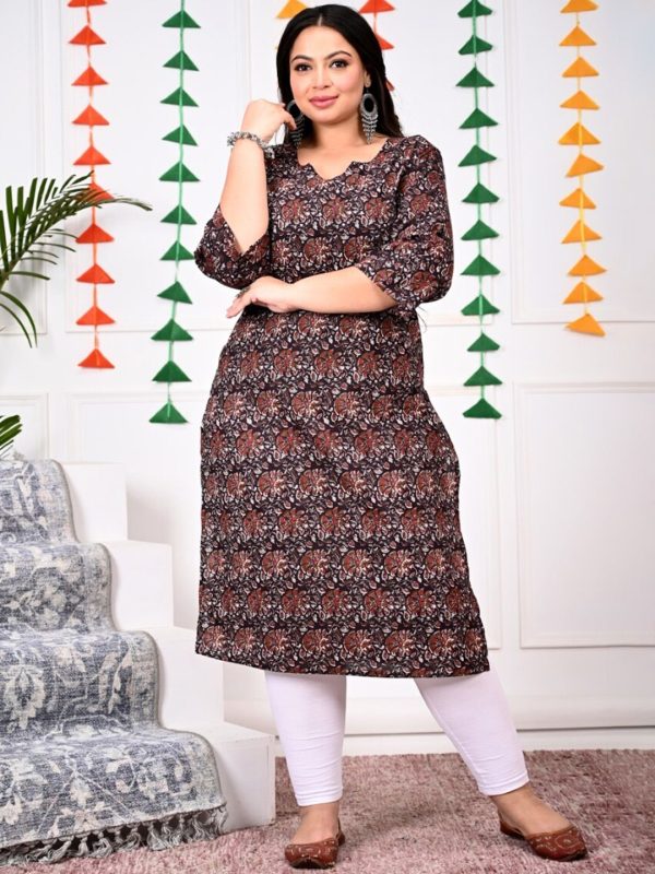 Swasti Brown Floral Printed Cotton Straight A-Line Kurta For Sale