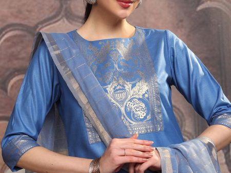 Vishudh Blue Ethnic Motifs Yoke Design Straight Kurta With Trousers & Dupatta Online Hot Sale