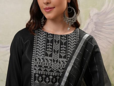 Vishudh Black Printed Regular Kurta with Trouser & Dupatta Hot on Sale