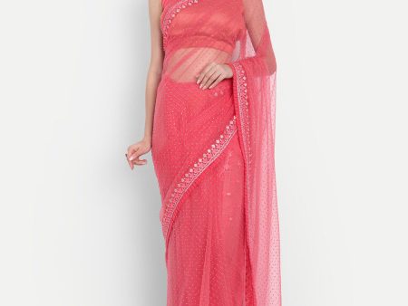 kasee Women Red Floral Embroidered Net Saree For Cheap