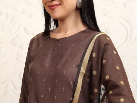 Vishudh Brown Ethnic Motifs Printed Keyhole Neck Straight Kurta With Palazzos & Dupatta For Discount