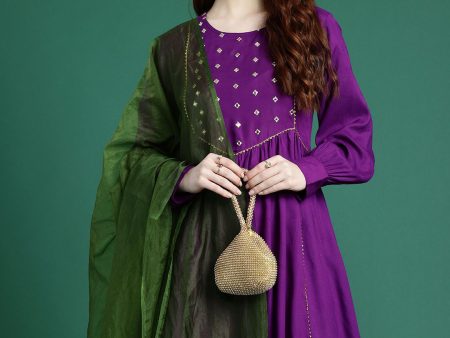 Sangria Mirror Work Embroidered Regular Gotta Patti A-Line Kurta With Trousers & Dupatta Online Sale