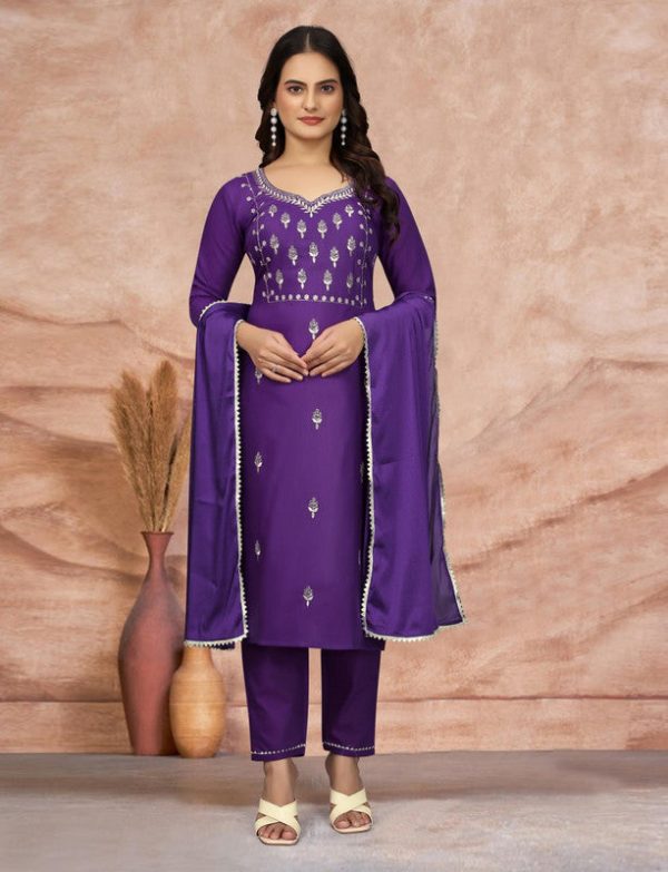 Malishka Women s Embroidered Cotton Blend Kurti With Pant & Dupatta Set - Purple Fashion