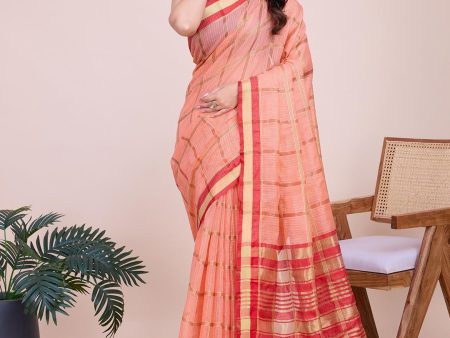 Mitera Checked Zari Saree With Unstitched Blouse on Sale