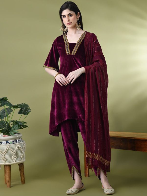 Sangria Yoke Design Velvet Kurta & Dhoti Pants With Dupatta For Sale