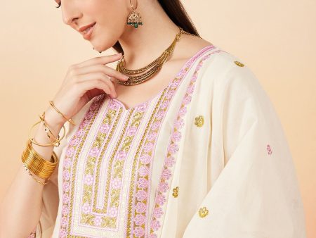 Sangria Floral Embroidered Pure Cotton Straight Kurta With Palazzo & Dupatta For Discount