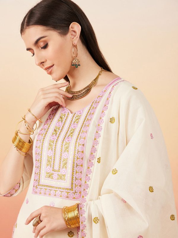 Sangria Floral Embroidered Pure Cotton Straight Kurta With Palazzo & Dupatta For Discount