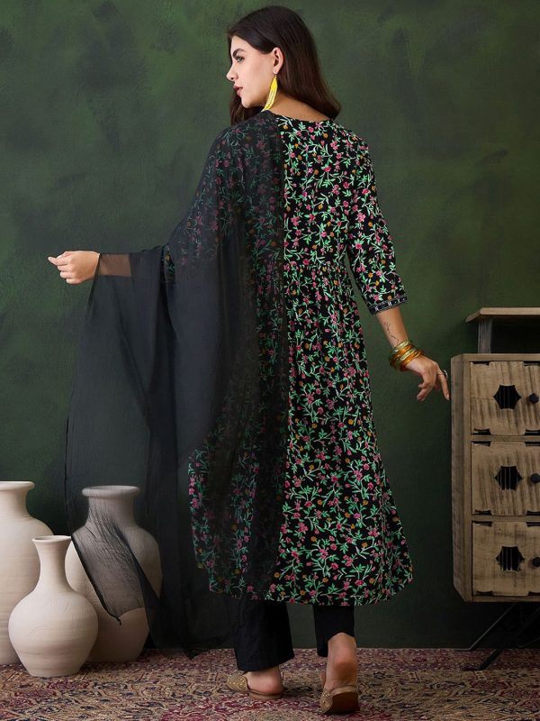 Sangria Printed V- Neck Antalkali, Dupatta & Dupatta Set Sale