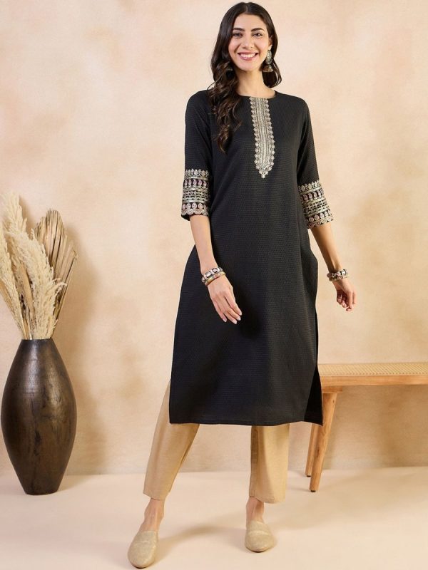 Anouk Abstract Printed Thread Work Cotton A-Line Kurta For Cheap