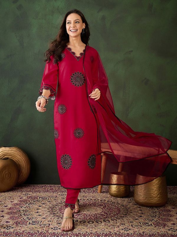 Sangria Zari Sequence Embroidered Kurta & Trouser With Dupatta Hot on Sale