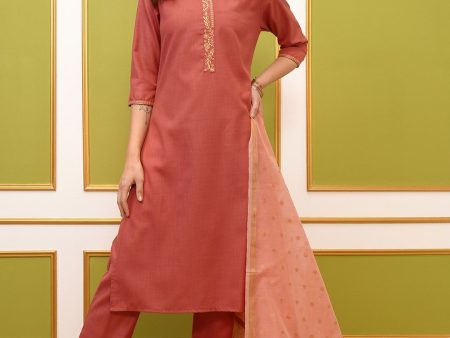 Vishudh Coral Round Neck Embroidery Straight Kurta & Palazzos With Dupatta on Sale