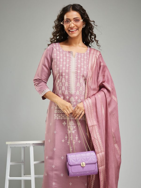 Sonakshi Women s Light Purple Viscose Chanderi Embroidered Kurta Set with Dupatta For Cheap