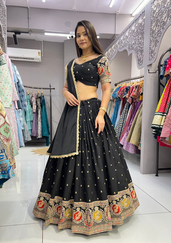 Malishka Export Black Roman Silk With Embroidery Zari Lehenga Choli Set - Black on Sale