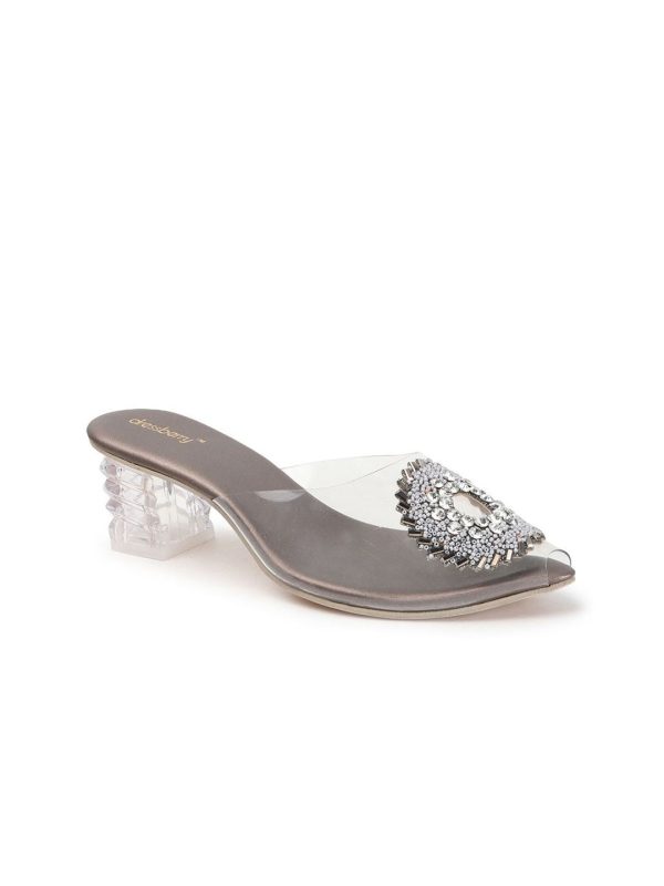 DressBerry Grey Embellished Peep Toes Block Heels Discount