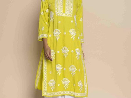 HOUSE OF KARI Floral Chikankari Embroidered Cotton Straight Kurta on Sale