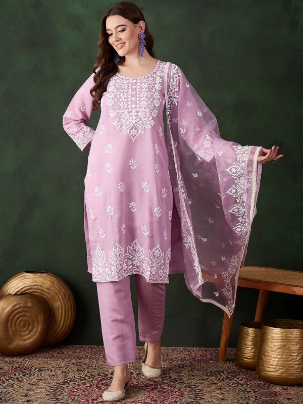 Sangria Lavender Floral Embroidered Thread Work Cotton Kurta & Trouser With Dupatta Online Hot Sale