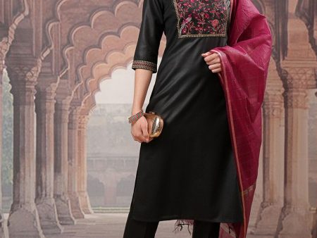 Vishudh Black Yoke Design Thread Work Kurta with Trouser & Dupatta For Sale