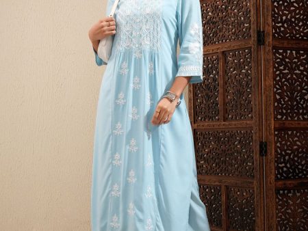 Vishudh Blue Floral Embroidered Round Neck Thread Work Kurta With Palazzos Hot on Sale