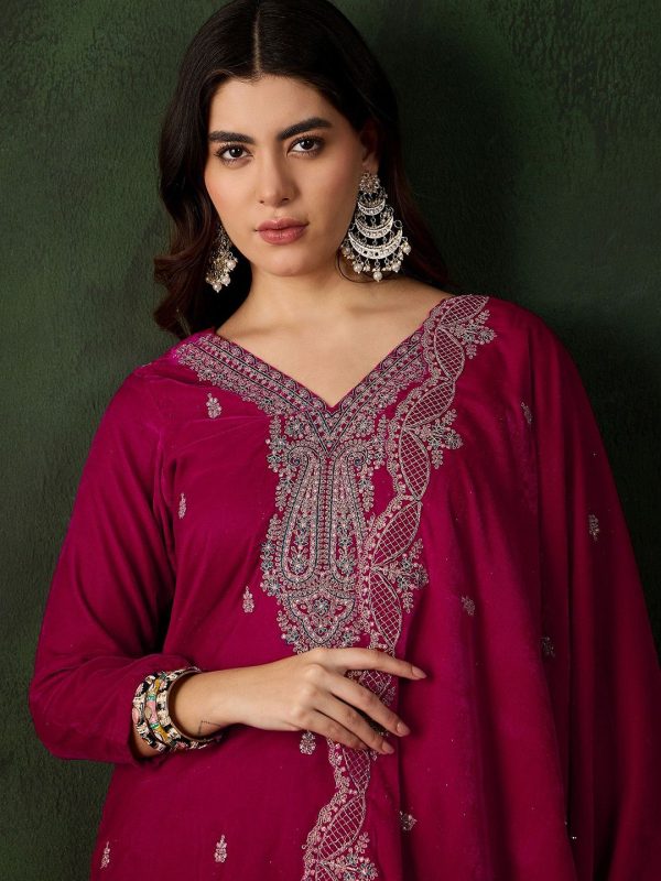 Sangria Floral Embroidered Straight Kurta & Trouser With Dupatta For Discount