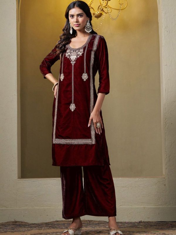 Sangria Floral Embroidered Round Neck Straight Velvet Kurta With Trousers & Dupatta Cheap