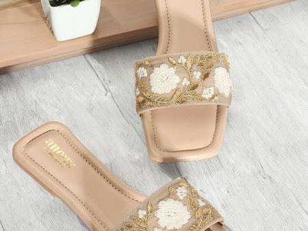 Anouk Beige Floral Embroidered Open Toe Flats For Discount