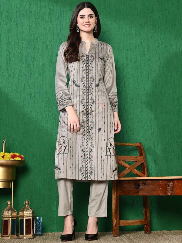 Sangria Printed Winter Velvet Kurta With Trouser For Sale